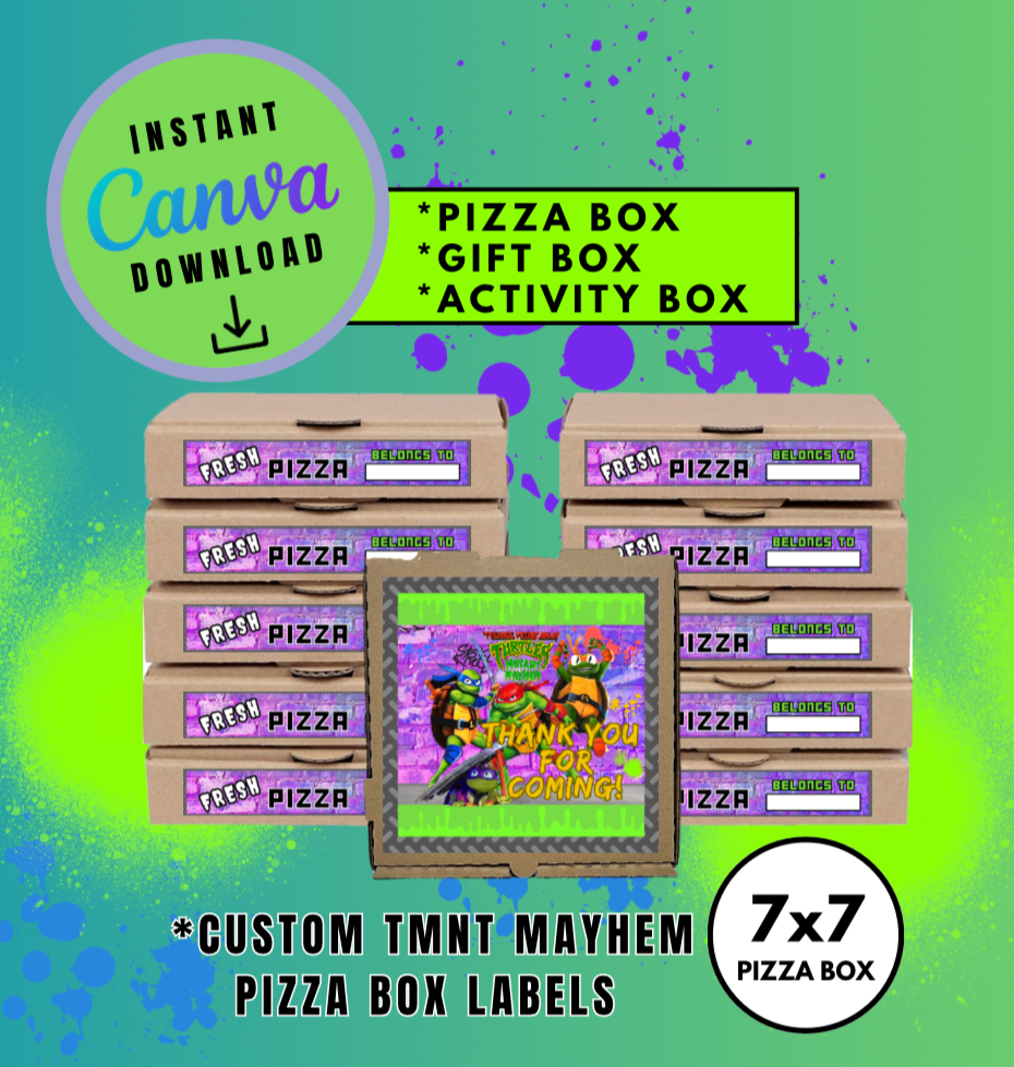 Purple Brick Graffiti Mayhem Bundle Pack, 1.3oz Chip Can, 7x7 Pizza Box,12oz Sports Drink and Candy Ring Wrapper Template, turtles Customizable template, Personalized Mutant Turtles Digital File