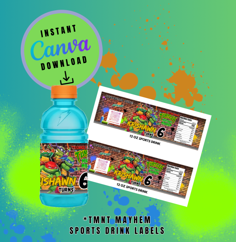 Brown Brick Graffiti Mayhem Bundle Pack, 1.3oz Chip Can, 7x7 Pizza Box,12oz Sports Drink and Candy Ring Wrapper Template, turtles Customizable template, Personalized Mutant Turtles Digital File