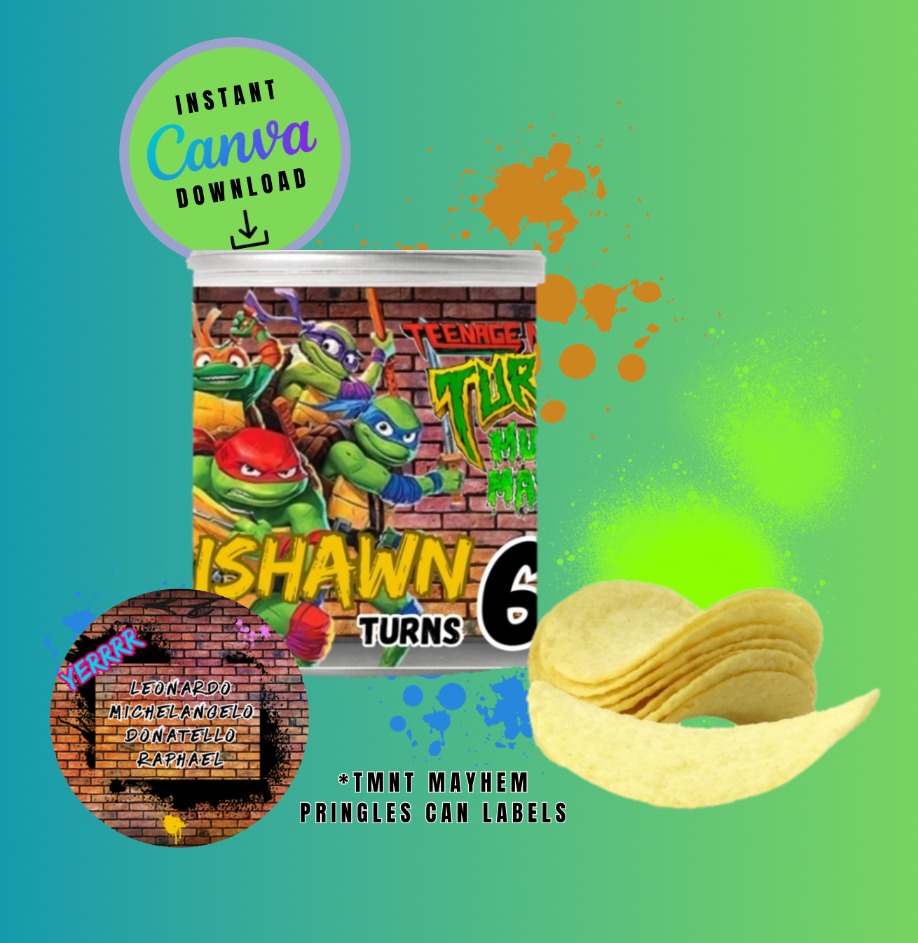 Brown Brick Graffiti Mayhem Bundle Pack, 1.3oz Chip Can, 7x7 Pizza Box,12oz Sports Drink and Candy Ring Wrapper Template, turtles Customizable template, Personalized Mutant Turtles Digital File