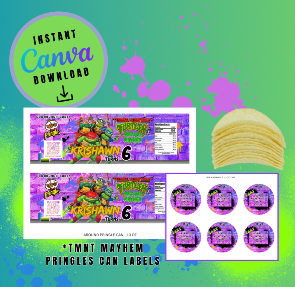 Purple Brick Graffiti Mayhem Bundle Pack, 1.3oz Chip Can, 7x7 Pizza Box,12oz Sports Drink and Candy Ring Wrapper Template, turtles Customizable template, Personalized Mutant Turtles Digital File