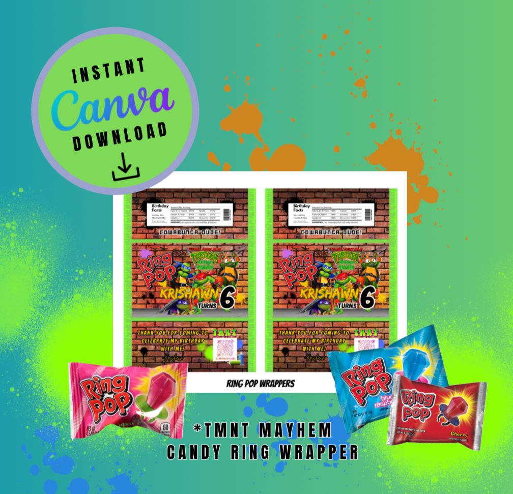 Brown Brick Graffiti Mayhem Candy Ring Wrapper Template, turtles Customizable template, Personalized Mutant Turtles Digital File
