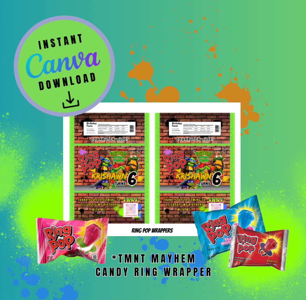 Brown Brick Graffiti Mayhem Bundle Pack, 1.3oz Chip Can, 7x7 Pizza Box,12oz Sports Drink and Candy Ring Wrapper Template, turtles Customizable template, Personalized Mutant Turtles Digital File