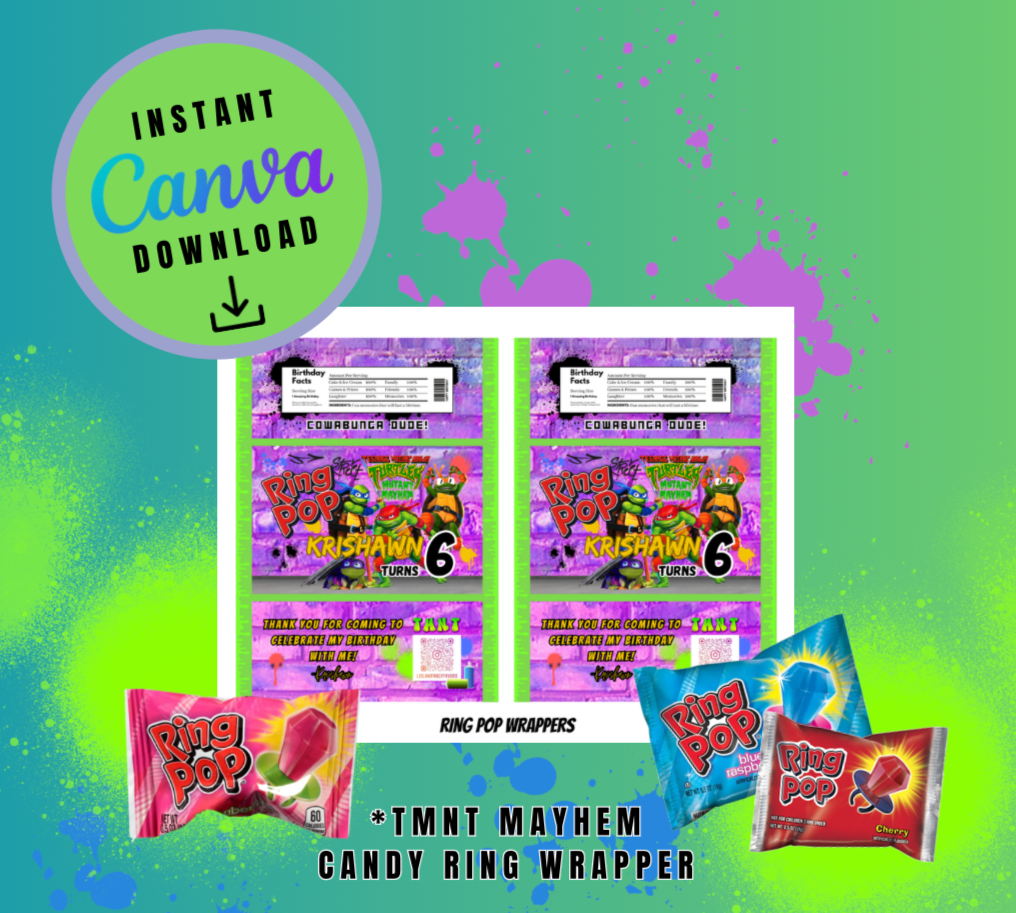 Purple Brick Graffiti Mayhem Candy Ring Wrapper Template, turtles Customizable template, Personalized Mutant Turtles Digital File