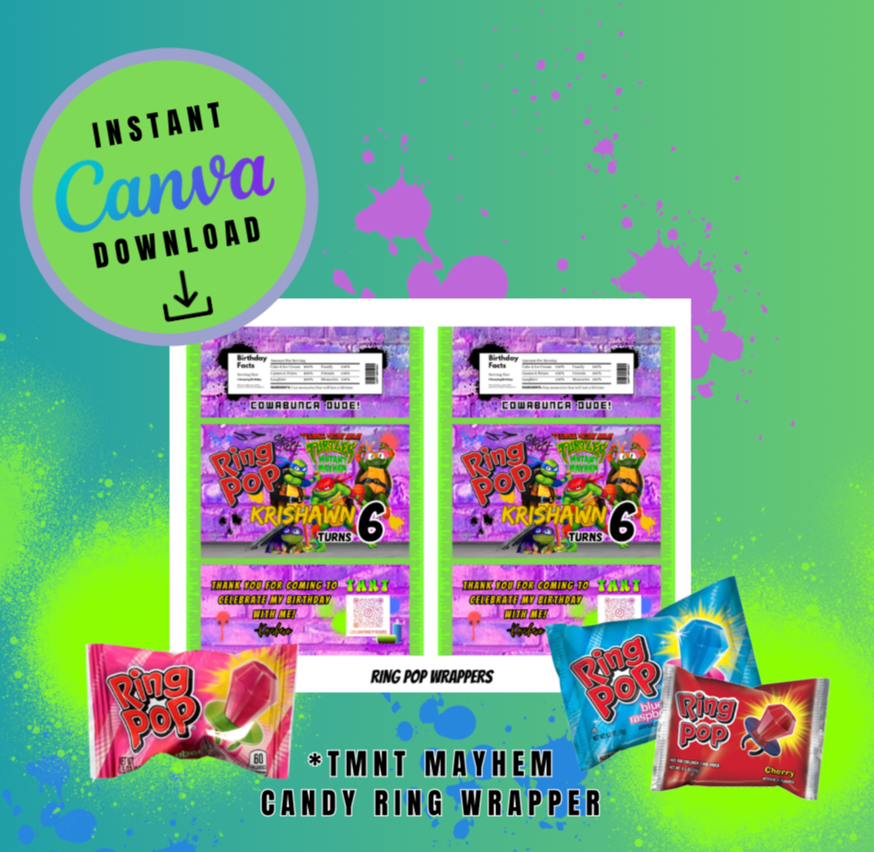 Purple Brick Graffiti Mayhem Bundle Pack, 1.3oz Chip Can, 7x7 Pizza Box,12oz Sports Drink and Candy Ring Wrapper Template, turtles Customizable template, Personalized Mutant Turtles Digital File