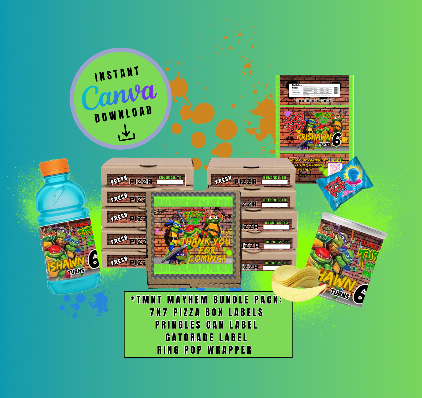 Brown Brick Graffiti Mayhem Bundle Pack, 1.3oz Chip Can, 7x7 Pizza Box,12oz Sports Drink and Candy Ring Wrapper Template, turtles Customizable template, Personalized Mutant Turtles Digital File