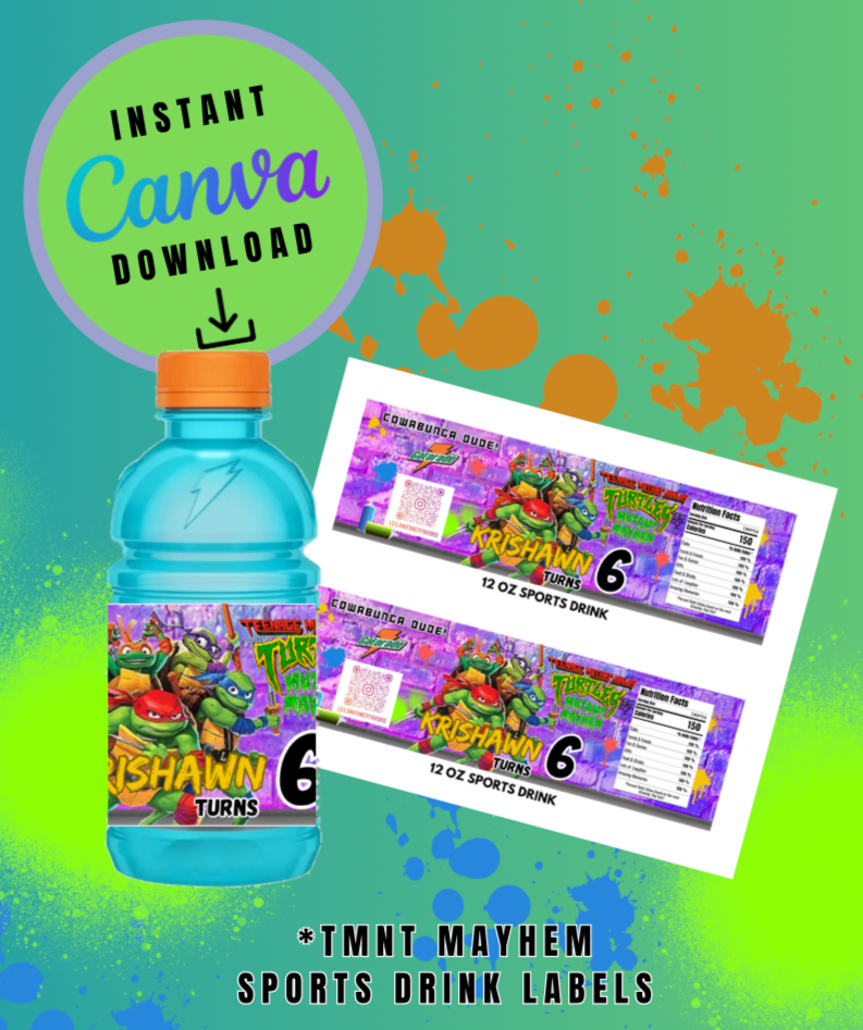 Purple Brick Graffiti Mayhem Bundle Pack, 1.3oz Chip Can, 7x7 Pizza Box,12oz Sports Drink and Candy Ring Wrapper Template, turtles Customizable template, Personalized Mutant Turtles Digital File