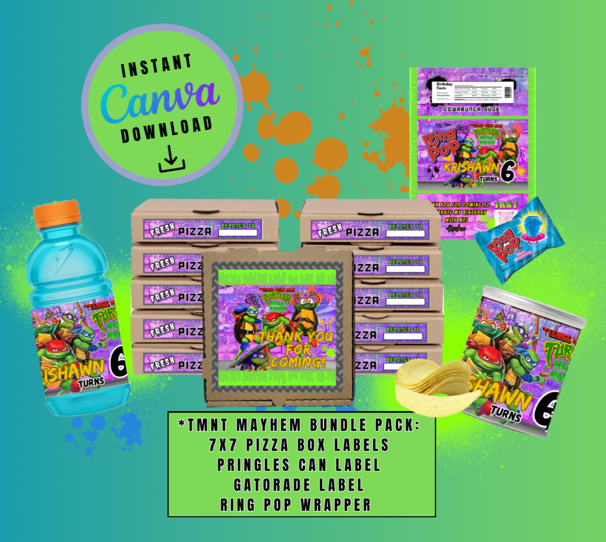 Purple Brick Graffiti Mayhem Bundle Pack, 1.3oz Chip Can, 7x7 Pizza Box,12oz Sports Drink and Candy Ring Wrapper Template, turtles Customizable template, Personalized Mutant Turtles Digital File
