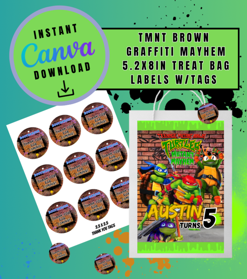 Brown Graffiti Mayhem 5.2x8 Treat Bag label w/ 2.5x2.5 thank you tags Template, turtles Customizable gift bags, Personalized Mutant Turtles Digital File