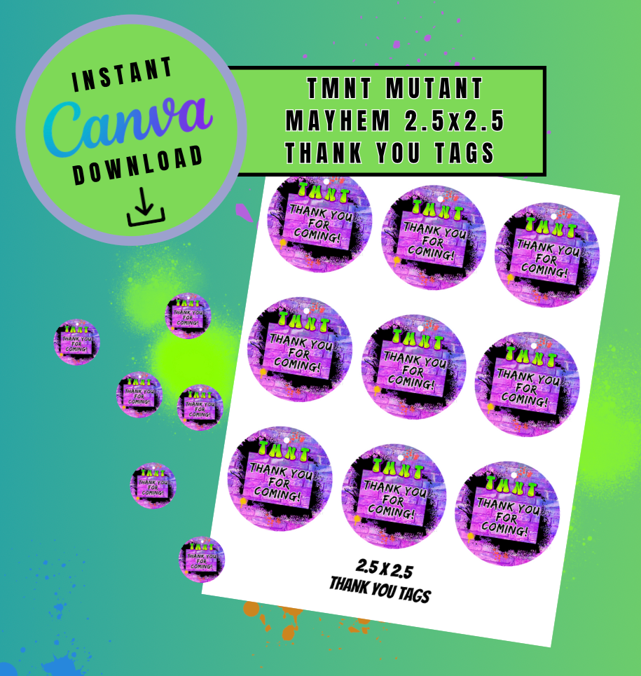 Purple Graffiti Mayhem 2.5x2.5 thank you tags Template, ninja turtle , Mutant Turtles Digital File