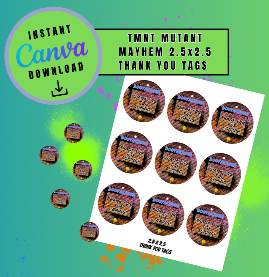 Brown Graffiti Mayhem 2.5x2.5 thank you tags Template, ninja turtle , Mutant Turtles Digital File