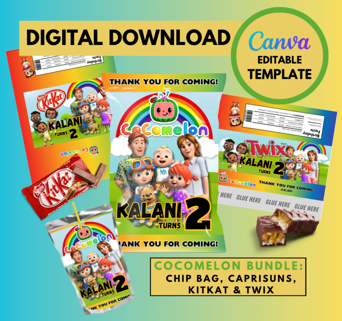 Cocomelon All Characters BUNDLE PACK Chip Bag, Caprisuns, KitKat & Twix Template, Customizable , Personalized Cocomelon JJ Digital File , Instant Download JJ and friends party