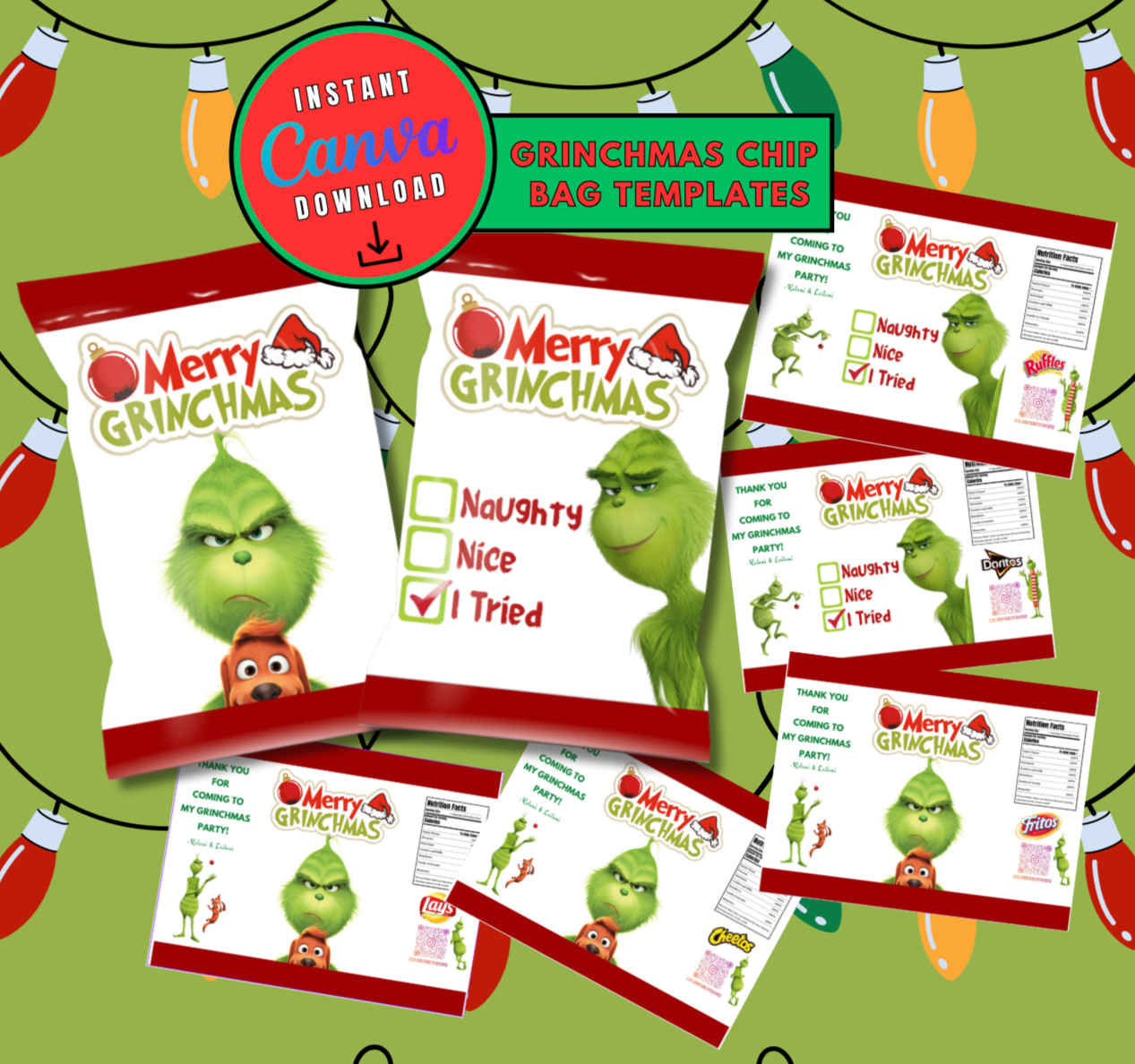 Grinchmas Christmas Chip Bag label Template, Chip bag Customizable template, Personalized chip bag Digital File