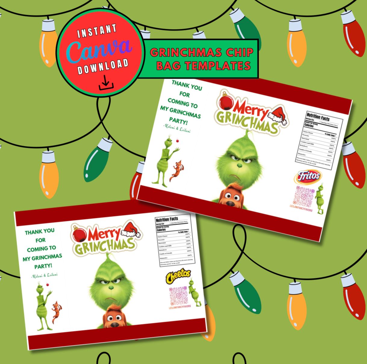 Grinchmas Christmas Chip Bag label Template, Chip bag Customizable template, Personalized chip bag Digital File