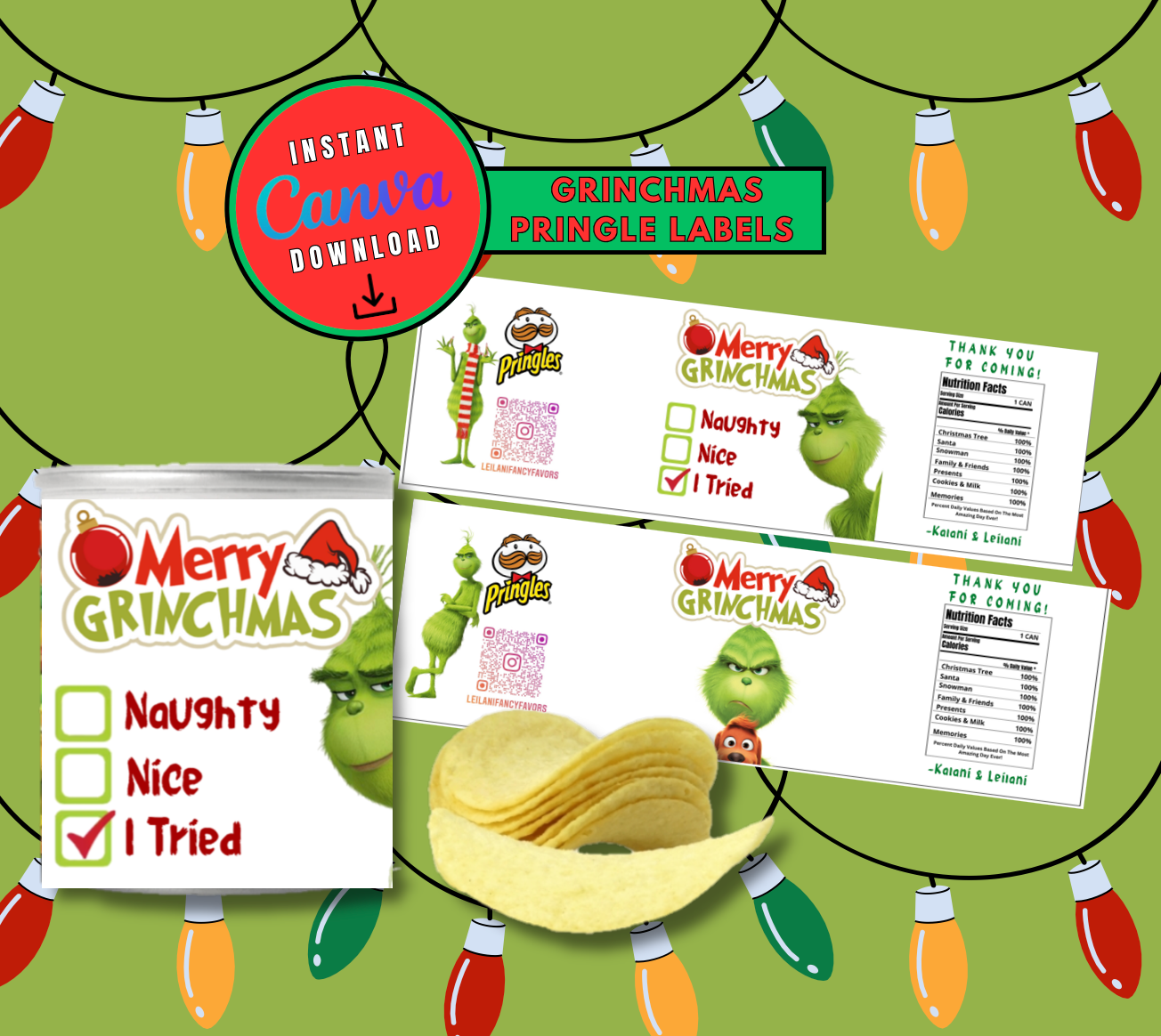Grinchmas Christmas Pringles label Template, Pringles Customizable template, Personalized chip can Digital File