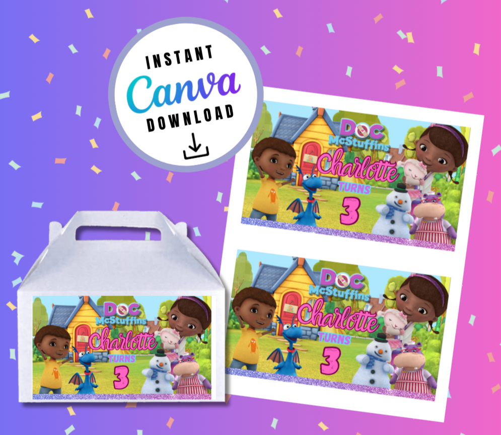 Doc & Friends Gable Party Box label Template, Doc Customizable template, Personalized Doc and Friends Digital File