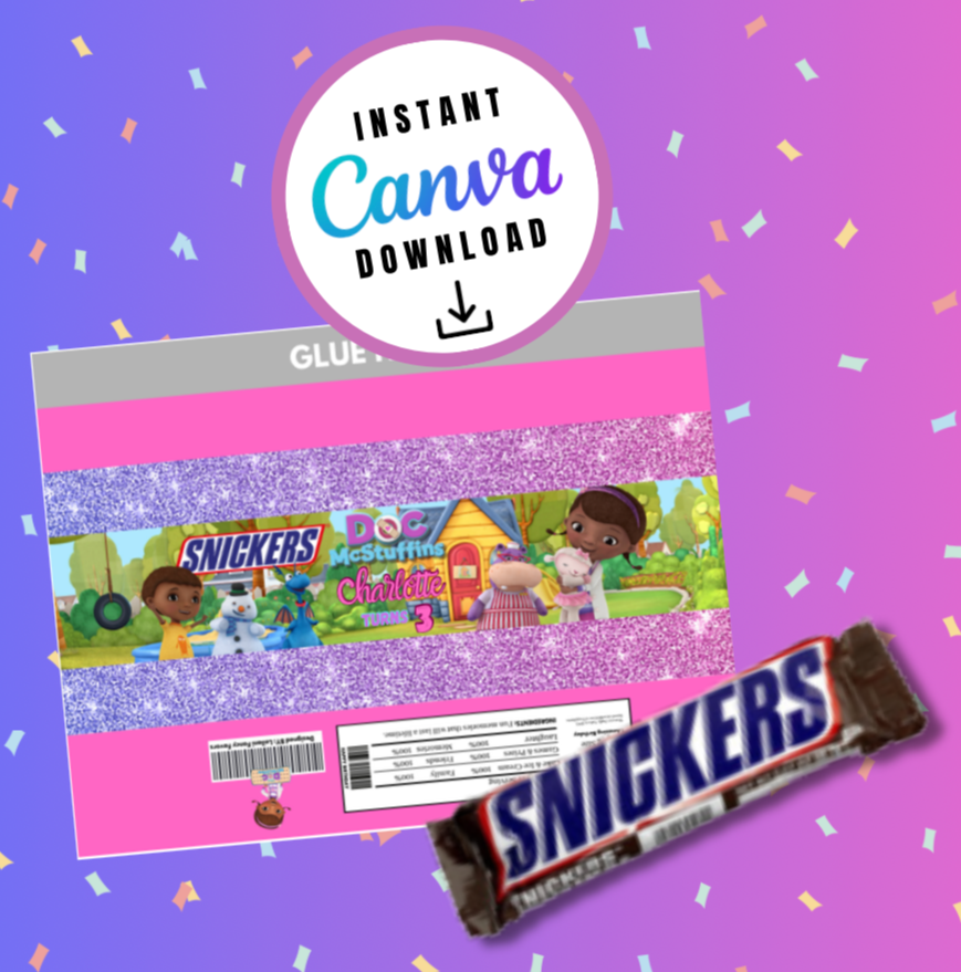 Doc & Friends Candy Bar wrapper Template, Doc Customizable template, Personalized Doc and Friends Digital File