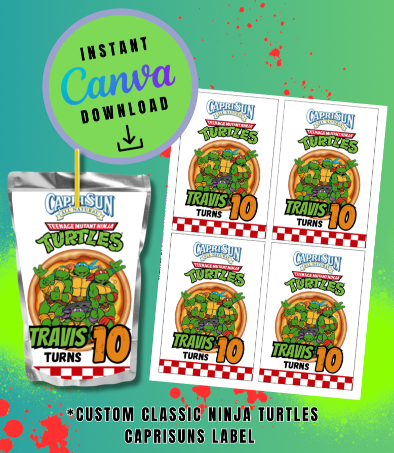 Classic Ninja Turtles Juice Pouch Template, turtles Customizable Juice Labels, Personalized Mutant Turtles Digital File Labels