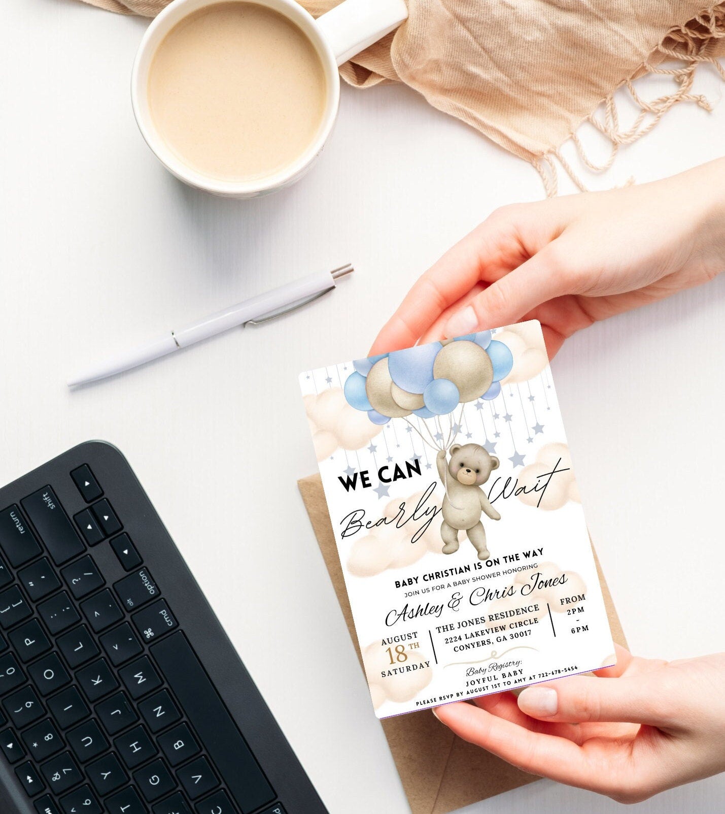 Editable Teddy Bear Baby Shower Printable Invitation, Bearly Wait Customizable invite, Baby Shower Invitation Personalized Template
