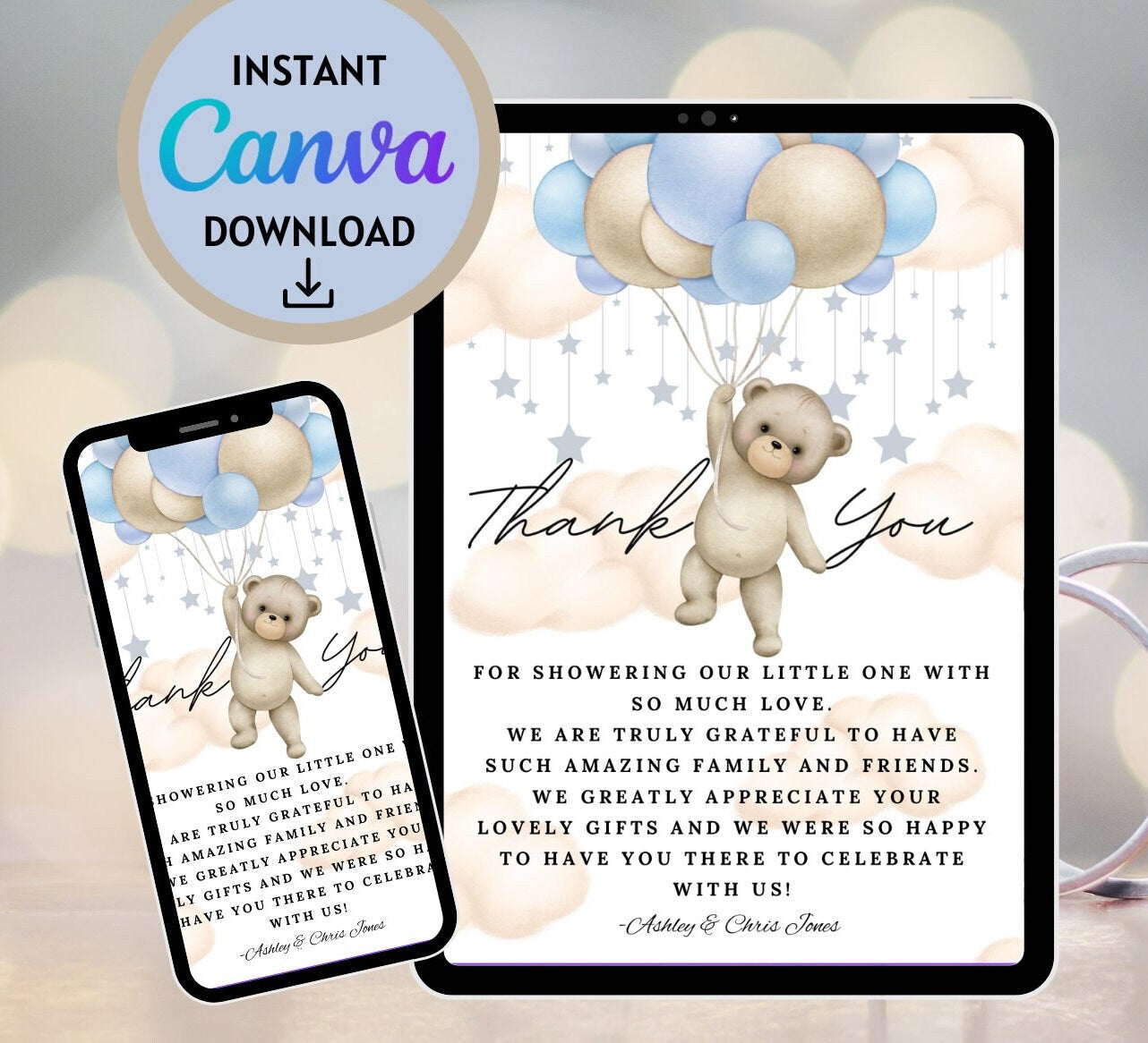 Teddy Bear Baby Shower Printable Thank You Card, We Can Bearly Wait Customizable Thank You Card, Personalized Template Instant Download