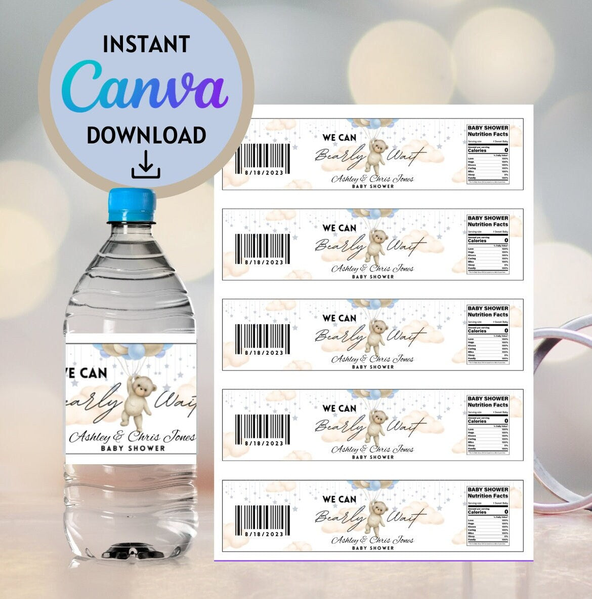 Editable Teddy Bear Baby Shower Printable water bottle labels, We Can Bearly Wait Customizable bottle labels,Personalized Instant Download