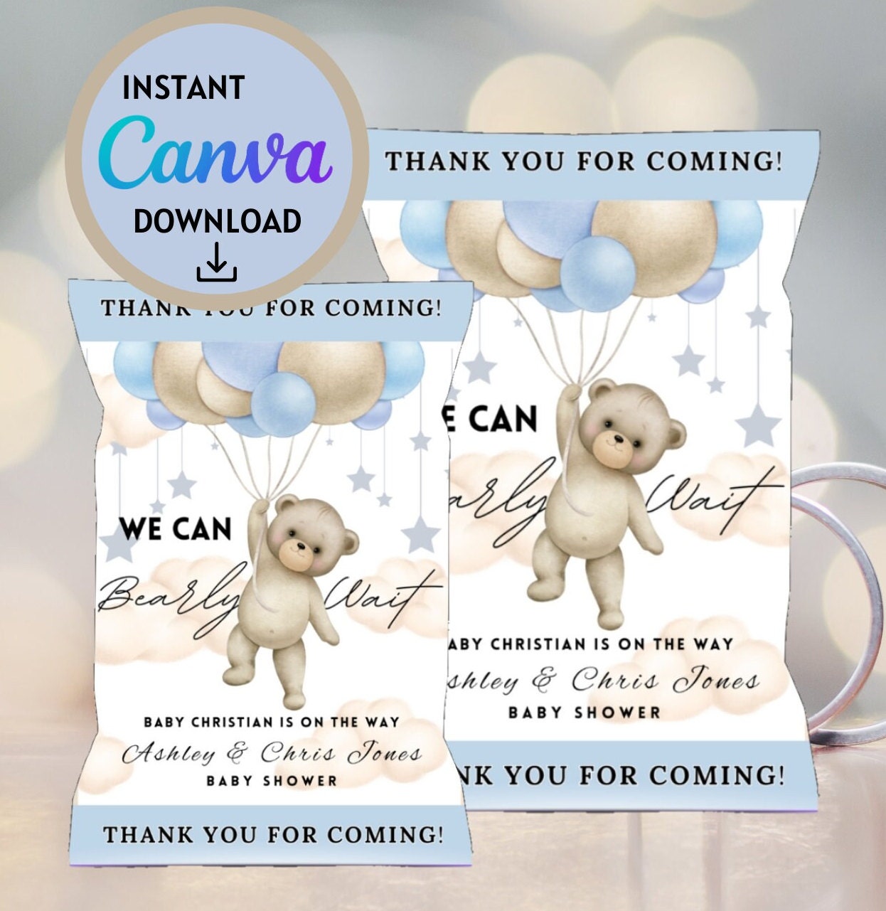 Editable Bear Baby Shower Printable Chip Bag Template, We Can Bearly Wait Customizable Chip Bag, Chip Bag Personalized Instant Download