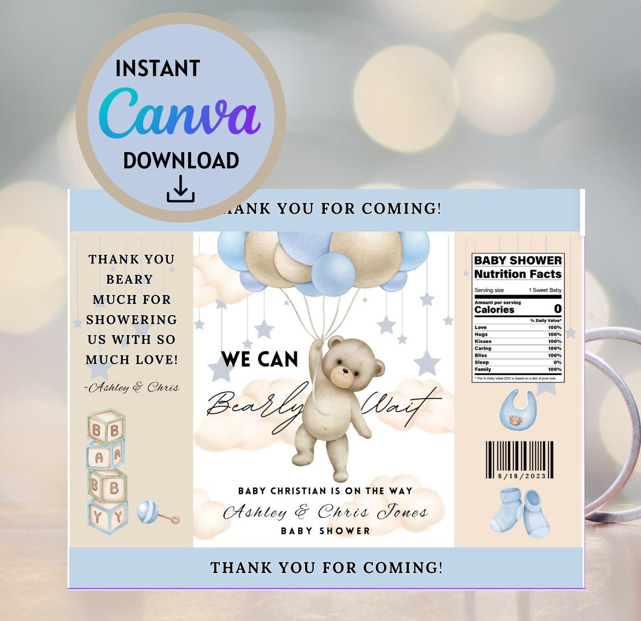 Editable Bear Baby Shower Printable Chip Bag Template, We Can Bearly Wait Customizable Chip Bag, Chip Bag Personalized Instant Download