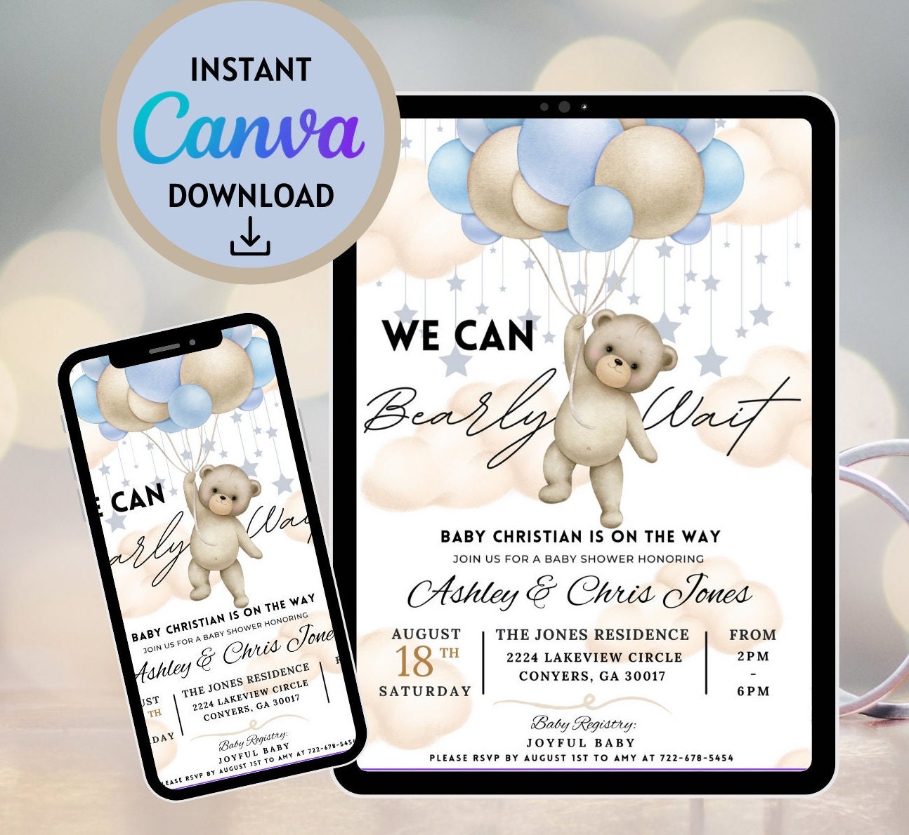 Editable Teddy Bear Baby Shower Printable Invitation, Bearly Wait Customizable invite, Baby Shower Invitation Personalized Template