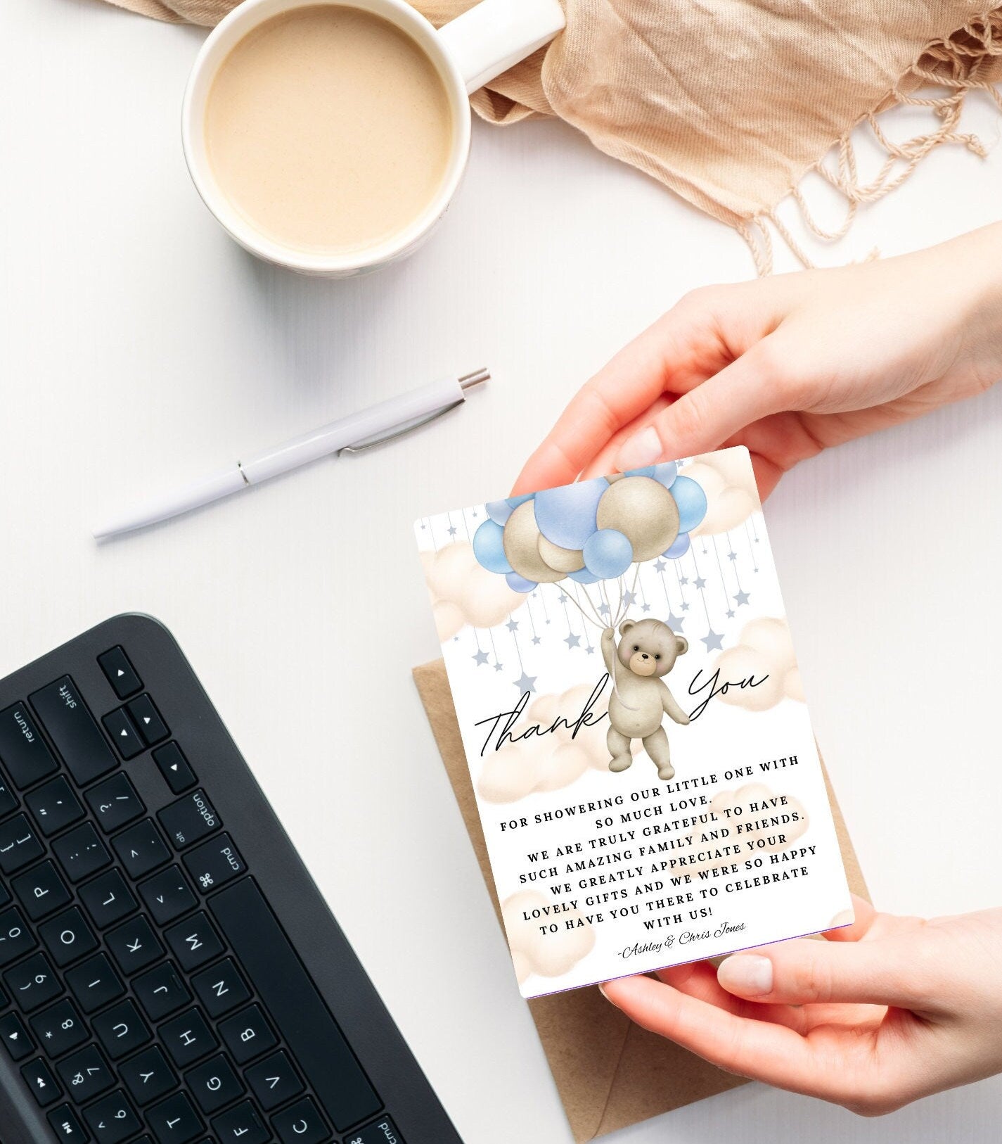 Teddy Bear Baby Shower Printable Thank You Card, We Can Bearly Wait Customizable Thank You Card, Personalized Template Instant Download