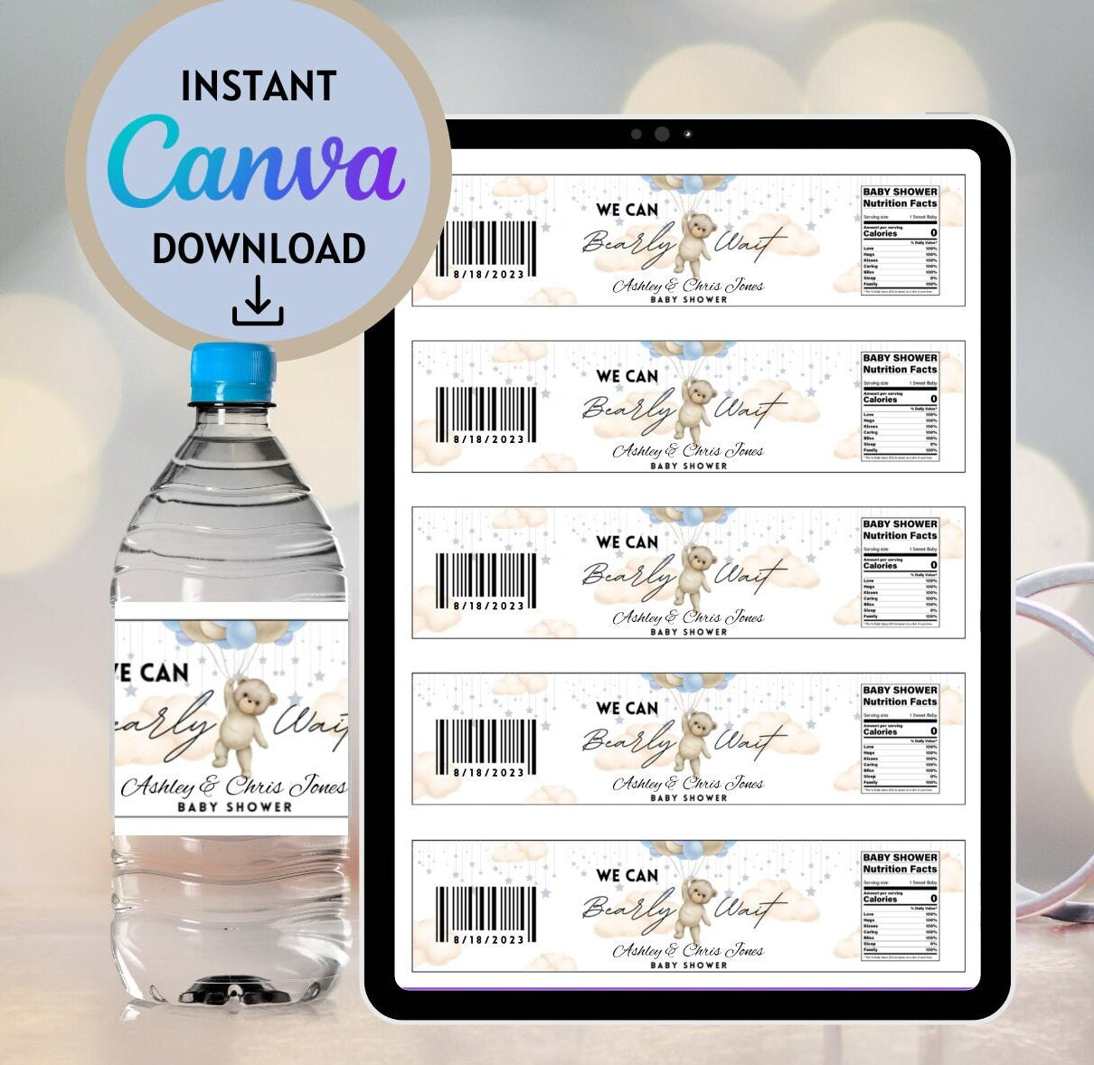 Editable Teddy Bear Baby Shower Printable water bottle labels, We Can Bearly Wait Customizable bottle labels,Personalized Instant Download