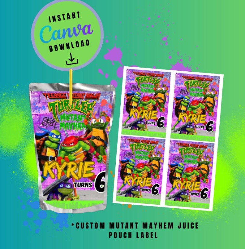 Ninja Mayhem chip bag, juice and candy bar bundle pack Template purple graffiti, mutant Customizable, Personalized Turtles Digital File