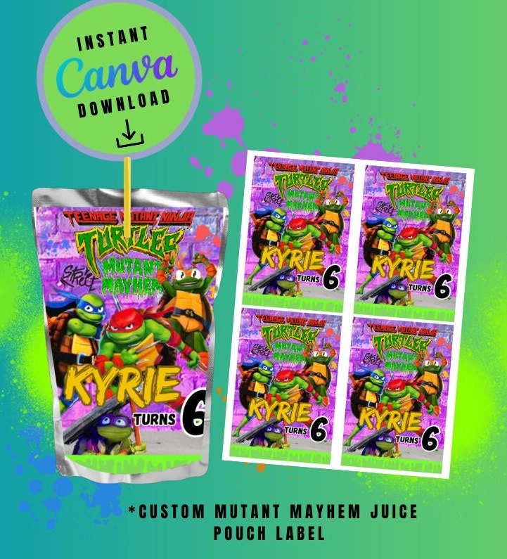 Ninja Mayhem chip bag and juice combo pack Template purple graffiti, mutant Customizable, Personalized Turtles Digital File