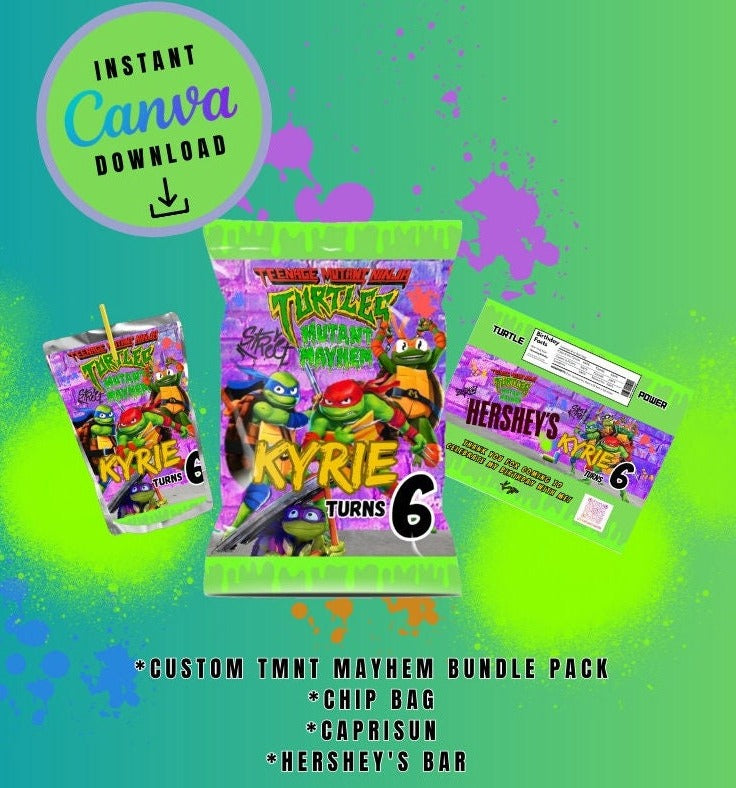 Ninja Mayhem chip bag, juice and candy bar bundle pack Template purple graffiti, mutant Customizable, Personalized Turtles Digital File