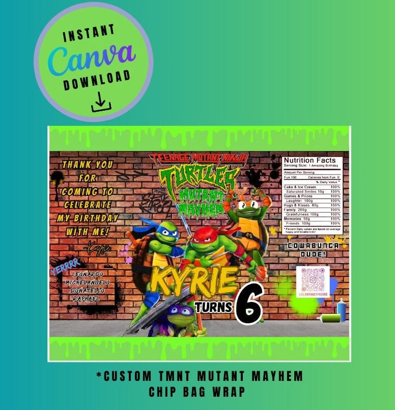 Ninja Mayhem chip bag, juice and candy bar bundle pack Template brown brick graffiti, mutant Customizable, Personalized Turtles Digital File