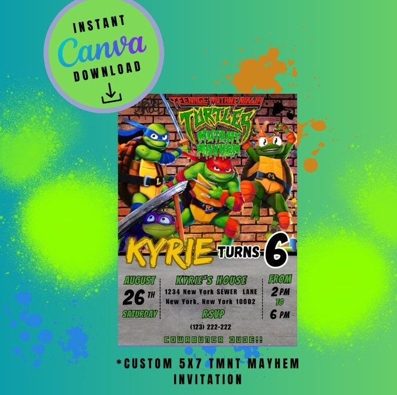 Ninja Mayhem invitation Template brown brick graffiti, mutant Customizable invitations, Personalized Turtles Digital File invitation