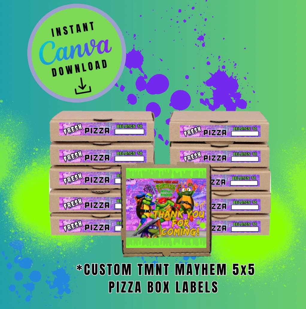 Mutant Turtles Purple 5x5 Pizza Box Label Template, turtles Customizable Pizza Box Labels, Personalized Mutant Turtles Digital File Labels
