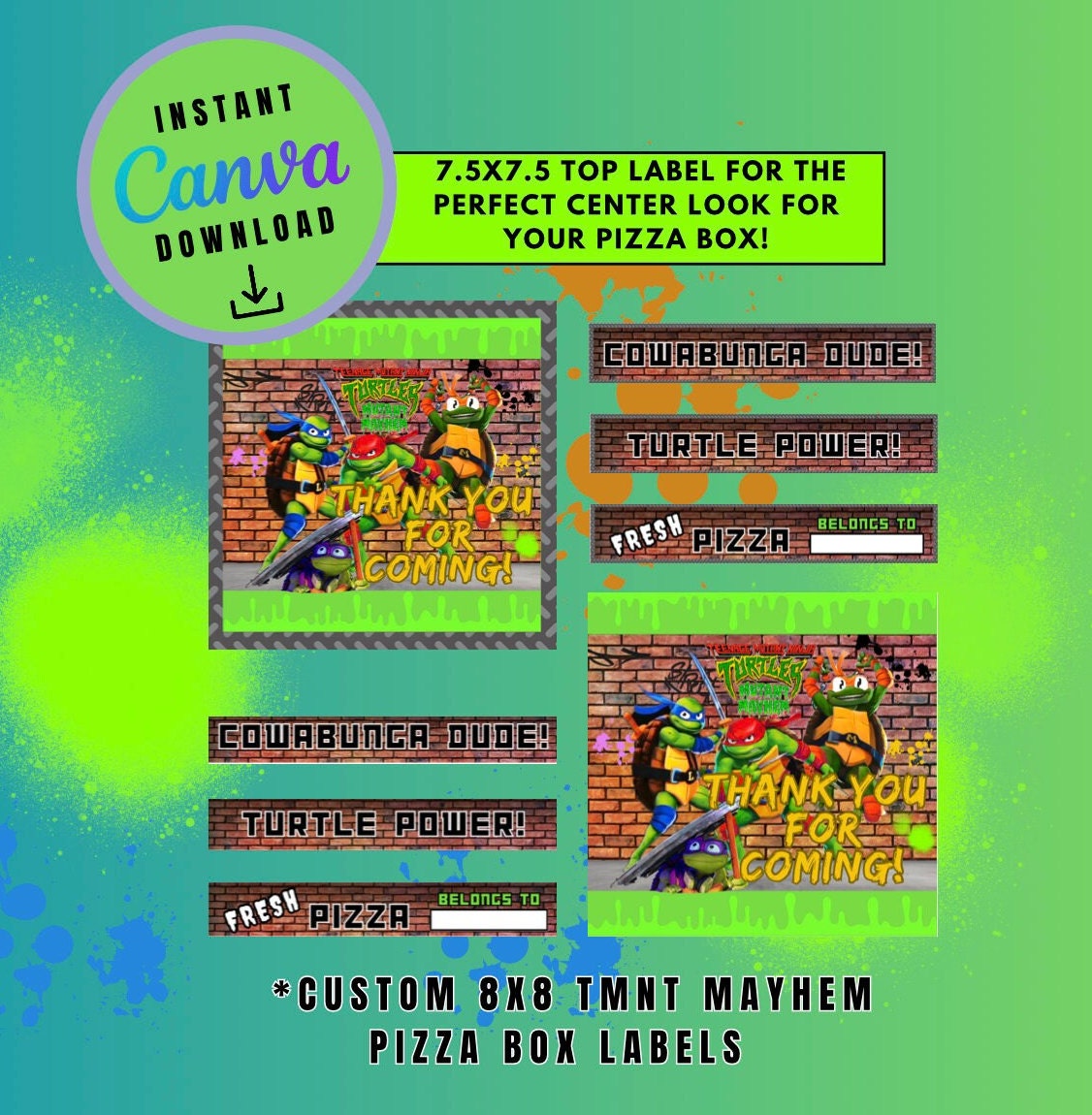 Mutant Turtles 8X8 Pizza Box Label Template, turtles Customizable Pizza Box Labels, Personalized Mutant Turtles Digital File Pizza Box