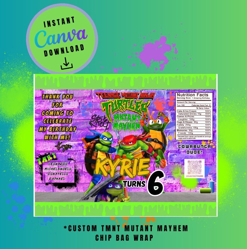 Ninja Mayhem chip bag and juice combo pack Template purple graffiti, mutant Customizable, Personalized Turtles Digital File