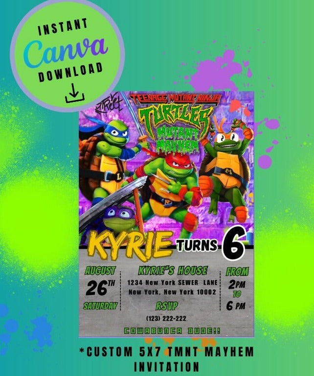 Ninja Mayhem invitation Template purple graffiti, mutant Customizable invitations, Personalized Turtles Digital File invitation