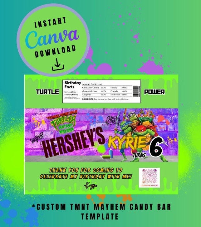 Ninja Mayhem chip bag, juice and candy bar bundle pack Template purple graffiti, mutant Customizable, Personalized Turtles Digital File