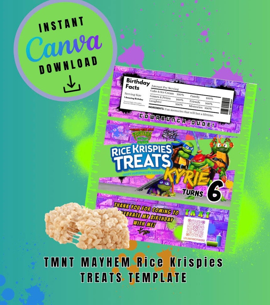 Purple Graffiti Mutant Rice treat Template, turtles Customizable Rice treat, Personalized Mutant Turtles Digital File Rice Bar