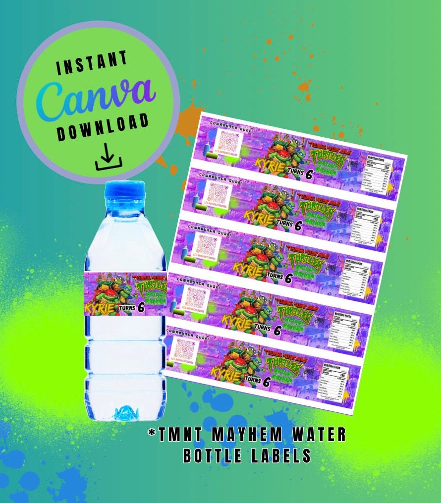 Purple Mutant water bottle label Template, turtles Customizable water bottle, Personalized Mutant Turtles Digital File water bottle