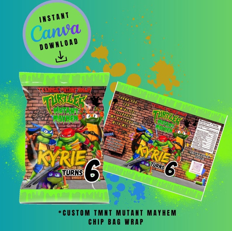 Ninja Mayhem chip bag, juice and candy bar bundle pack Template brown brick graffiti, mutant Customizable, Personalized Turtles Digital File