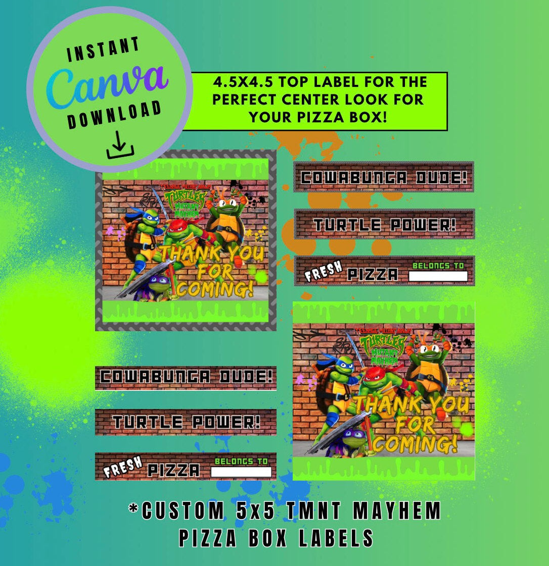 Mutant Turtles 5x5 Pizza Box Label Template, turtles Customizable Pizza Box Labels, Personalized Mutant Turtles Digital File Pizza Box