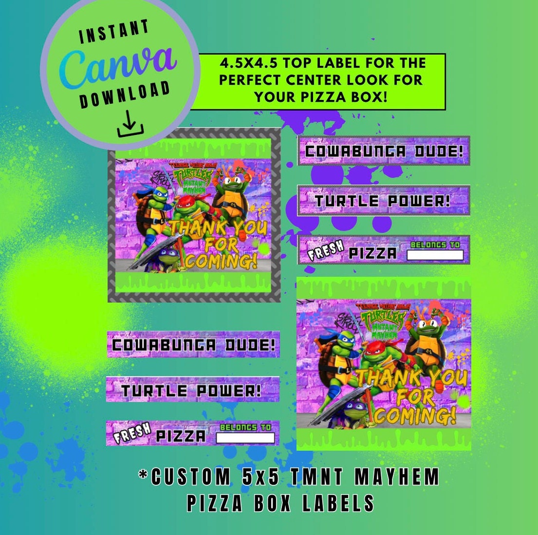 Mutant Turtles Purple 5x5 Pizza Box Label Template, turtles Customizable Pizza Box Labels, Personalized Mutant Turtles Digital File Labels