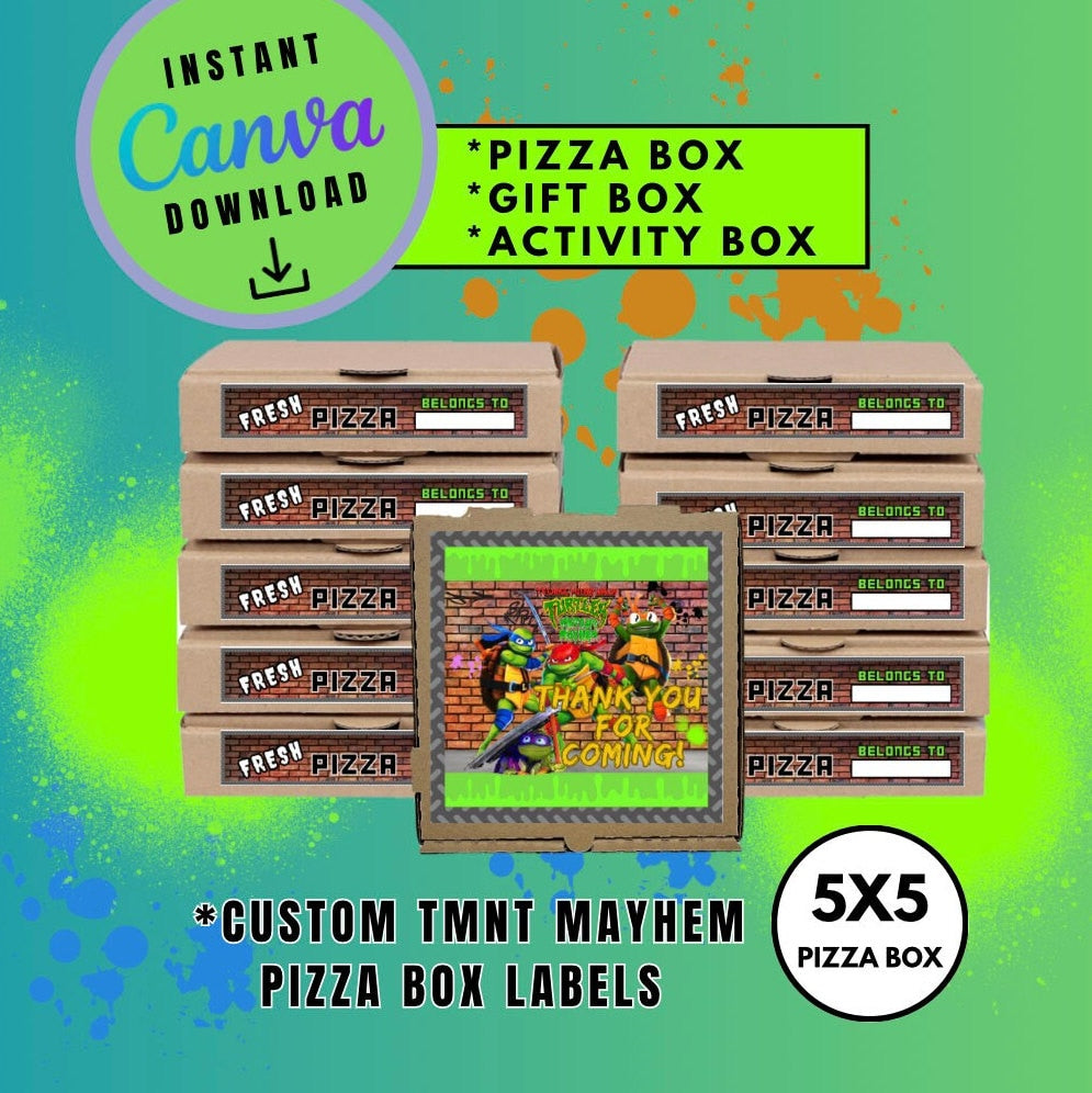 Mutant Turtles 5x5 Pizza Box Label Template, turtles Customizable Pizza Box Labels, Personalized Mutant Turtles Digital File Pizza Box
