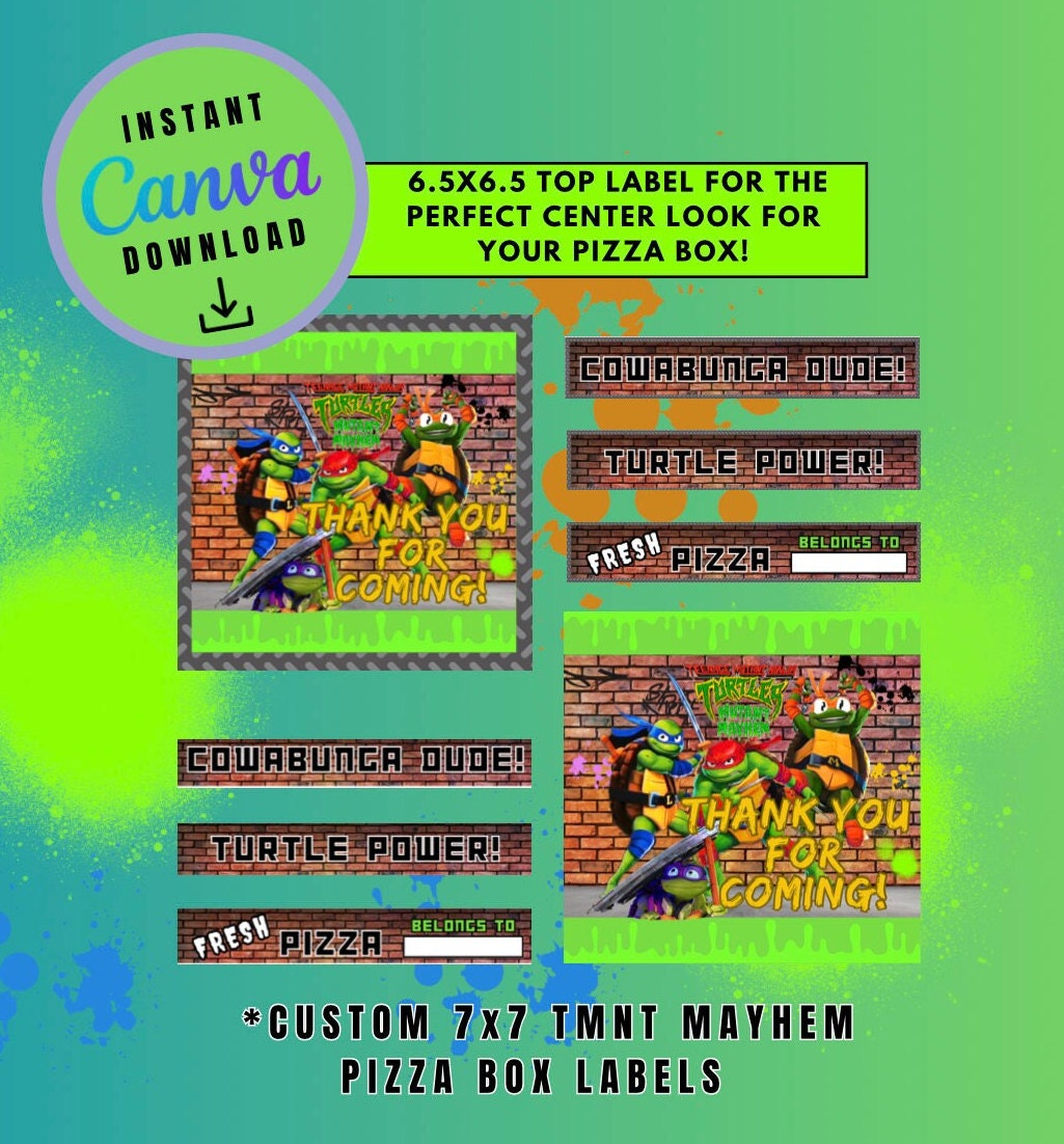 Mutant Turtles 7X7 Pizza Box Label Template, turtles Customizable Pizza Box Labels, Personalized Mutant Turtles Digital File Pizza Box