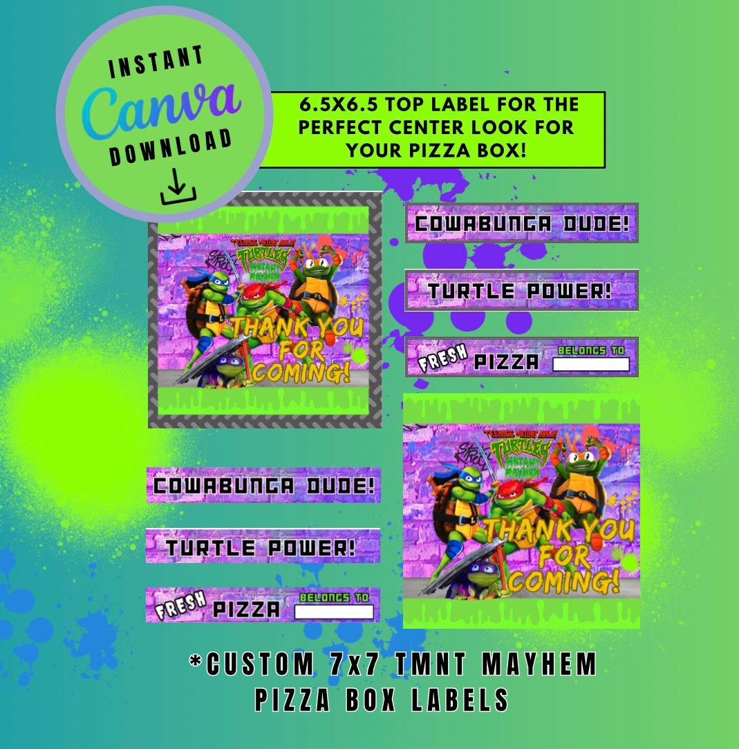 Mutant Turtles Purple 7X7 Pizza Box Label Template, turtles Customizable Pizza Box Labels, Personalized Mutant Turtles Digital File Pizza