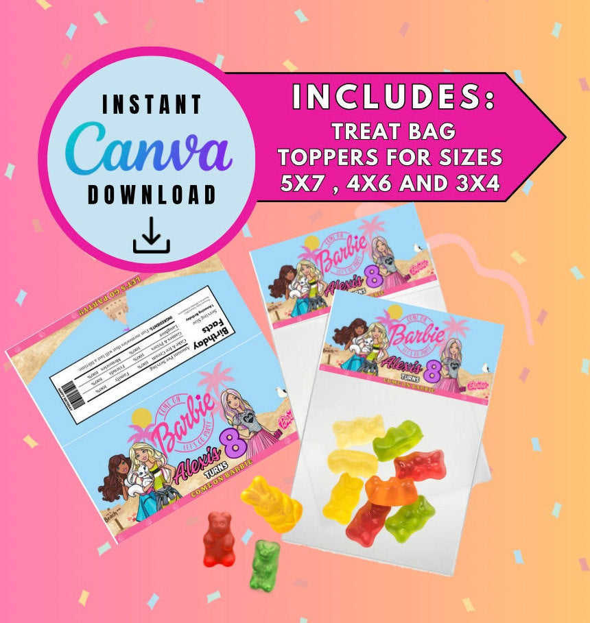 Barbie fold over treat bag topper labels 5X7, 4X6 and 3X4 Custom treat bag toppers, Personalized barbie Digital File, Instant Download