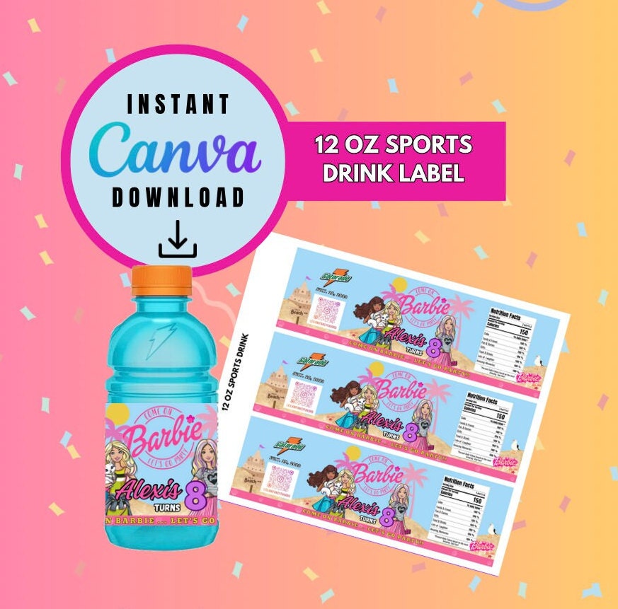 Barbie Sports Drink bottle label Template, barbie Customizable Sports bottles, Personalized Digital File, Instant Download