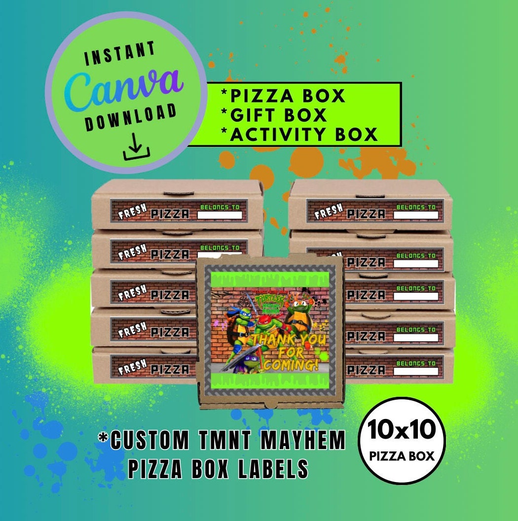Mutant Turtles 10x10 Pizza Box Label Template, turtles Customizable Pizza Box Labels, Personalized Mutant Turtles Digital File Pizza Box